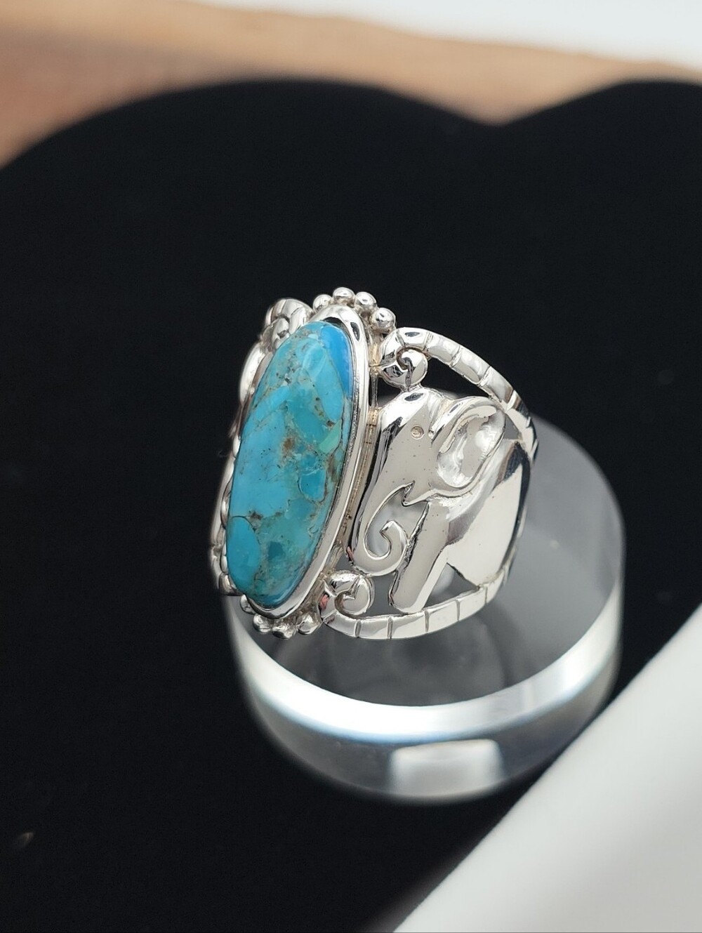 925 Sterling Silver Wide Statement Shield Ring Turquoise & Elephants Bali Boho